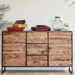 Fabrique de Styles Buffets Et Vitrines>Bahut en acacia et fer noir l150cm - Factory Naturel, Noir