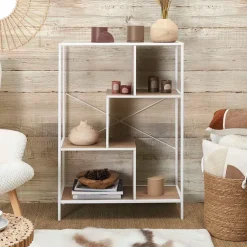 Fabrique de Styles Bibliothèques Et Étagères>Bibliothèque en fer blanc et bois h113cm - edison Naturel, Blanc