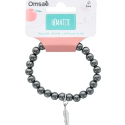 Fabrique de Styles Bijoux Fantaisie>Bracelet hématite perles rondes 8mm et plume Gris