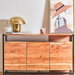 Fabrique de Styles Buffets Et Vitrines>Buffet 3 portes en acacia et pieds en fer noir - Brooklyn Naturel, Noir