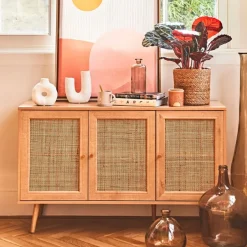 Fabrique de Styles Buffets Et Vitrines>Buffet en bois et cannage 3 portes L115cm - Baia Naturel