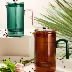 Fabrique de Styles Théières Et Cafetières>Cafetière à piston striée en verre borosilicate émeraude et rose 1L Emeraude, Rose