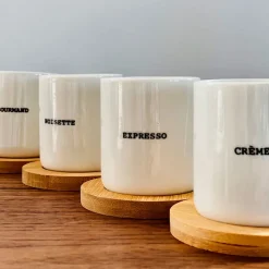 Fabrique de Styles Tasses Et Mugs>Coffret 4 tasses en faïence avec soucoupes en bois 10cl Blanc