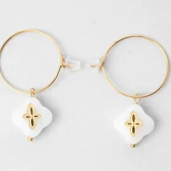 Fabrique de Styles Bijoux Fantaisie>Créoles x2 trefle doré+blanc h35mm acier inoxydable+jade Doré, Blanc