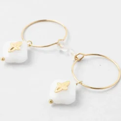 Fabrique de Styles Bijoux Fantaisie>Créoles x2 trefle doré+blanc h35mm acier inoxydable+jade Doré, Blanc