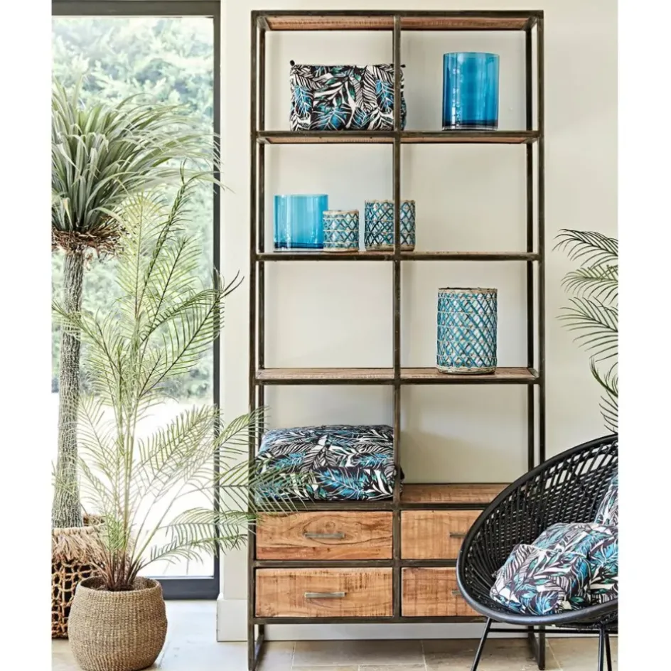 Fabrique de Styles Bibliothèques Et Étagères>Etagère en fer noir et bois d' acacia H200cm- Factory Naturel, Noir