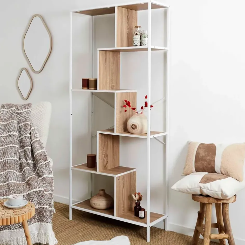 Fabrique de Styles Bibliothèques Et Étagères>Etagère en métal blanc et bois naturel h180cm - Edgard Naturel, Blanc