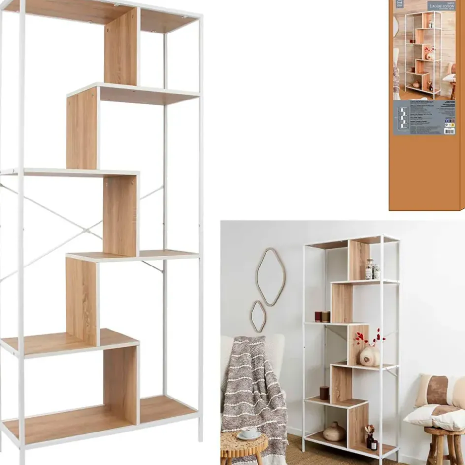 Fabrique de Styles Bibliothèques Et Étagères>Etagère en métal blanc et bois naturel h180cm - Edgard Naturel, Blanc