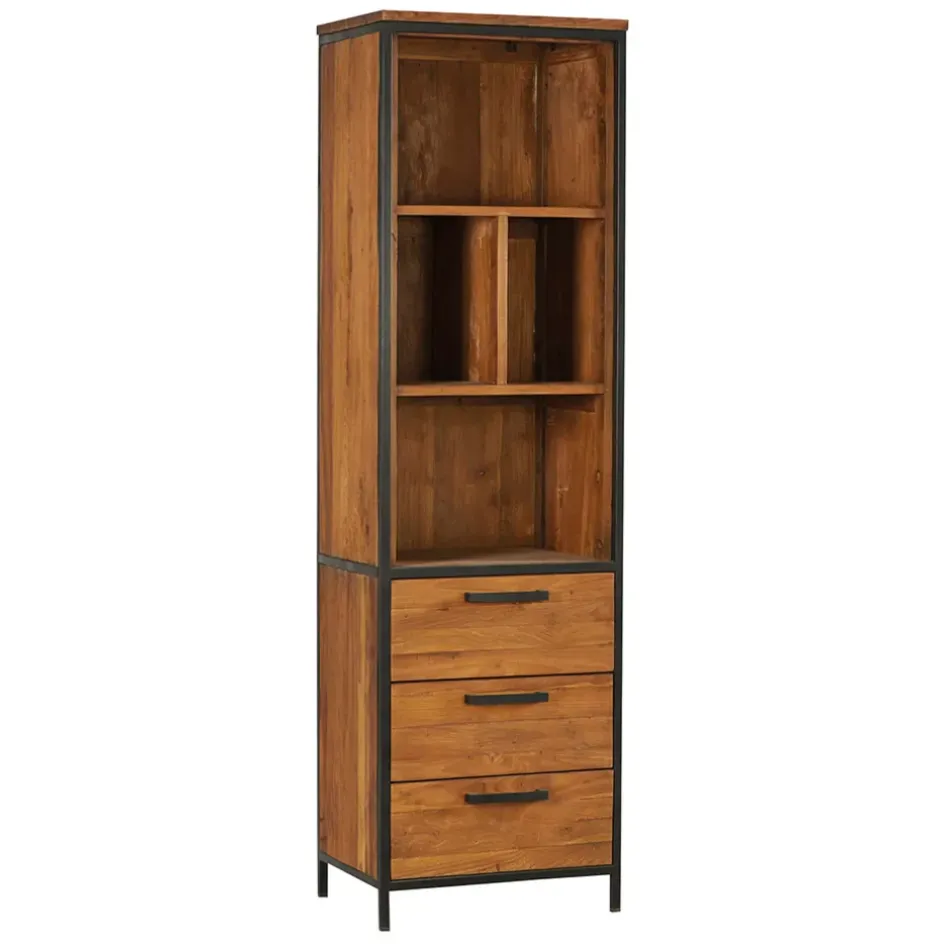 Fabrique de Styles Bibliothèques Et Étagères>Etagère en teck massif recycle avec 3 tiroirs H190cm - Alix Naturel