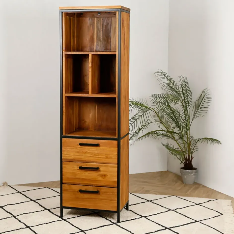 Fabrique de Styles Bibliothèques Et Étagères>Etagère en teck massif recycle avec 3 tiroirs H190cm - Alix Naturel