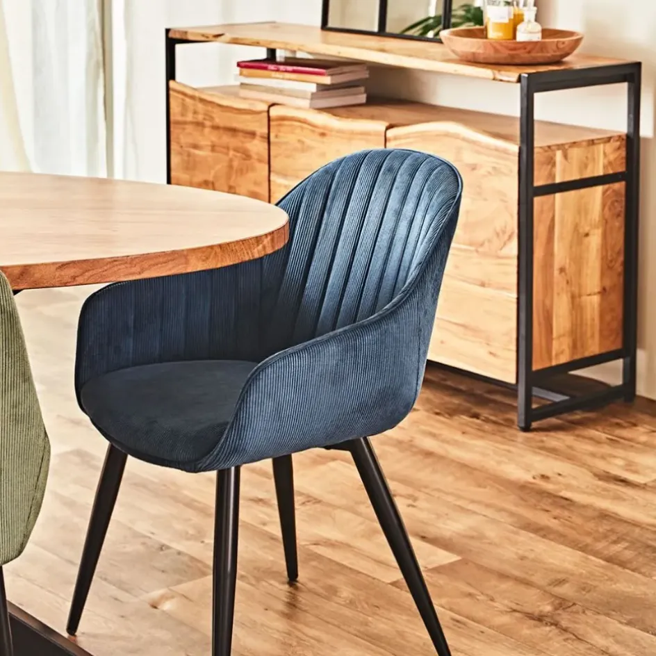 Fabrique de Styles Chaises>Fauteuil de salle à manger en velours côtelé - Ben Bleu