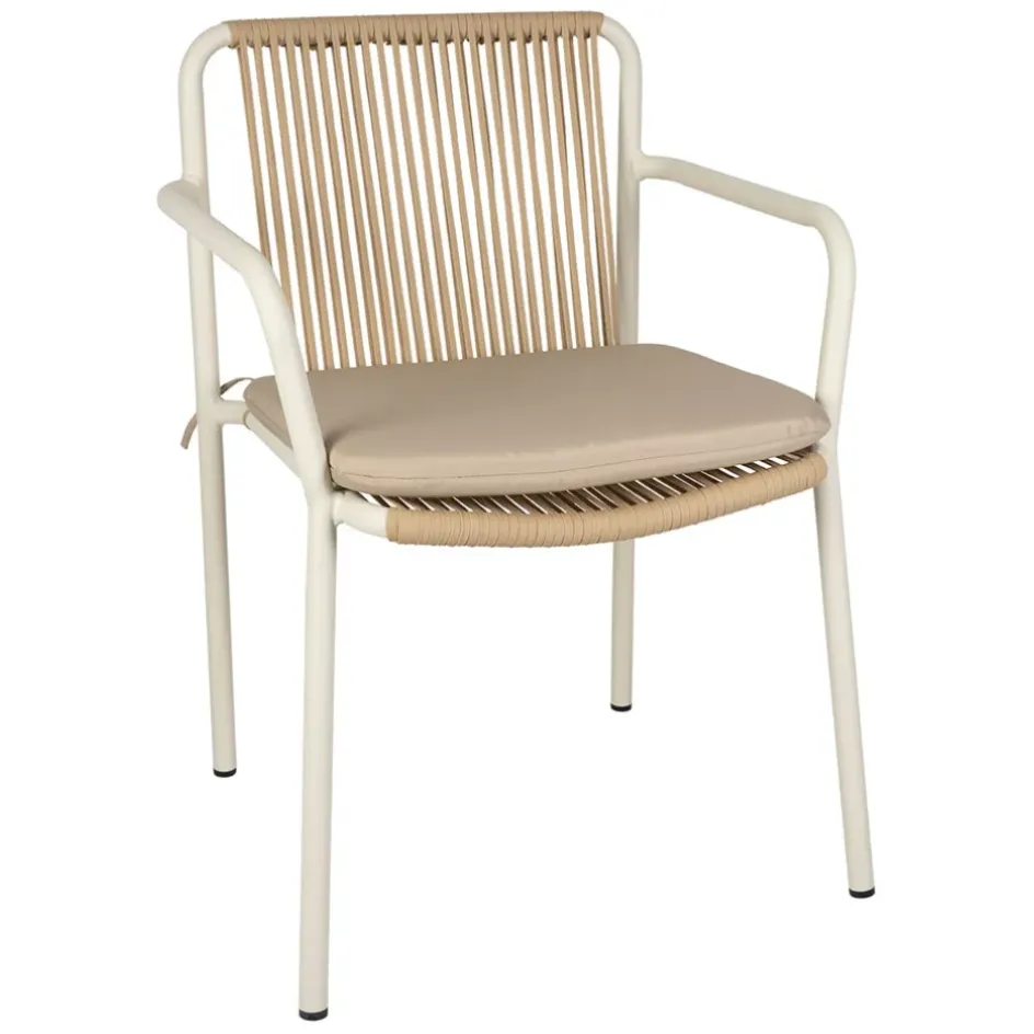 Fabrique de Styles Chaises, Fauteuils|Jardin>Fauteuil d'extérieur avec coussin en tissu beige et blanc - Ajay Beige, Blanc