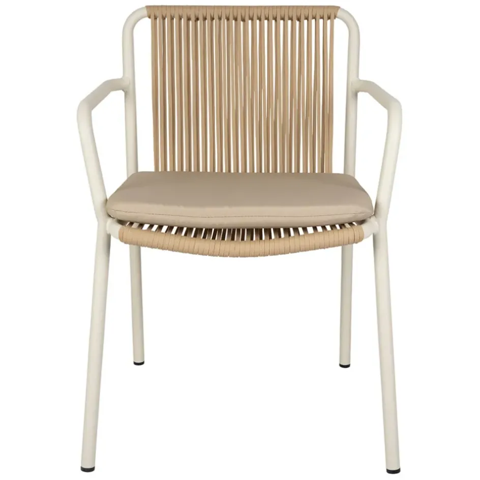 Fabrique de Styles Chaises, Fauteuils|Jardin>Fauteuil d'extérieur avec coussin en tissu beige et blanc - Ajay Beige, Blanc