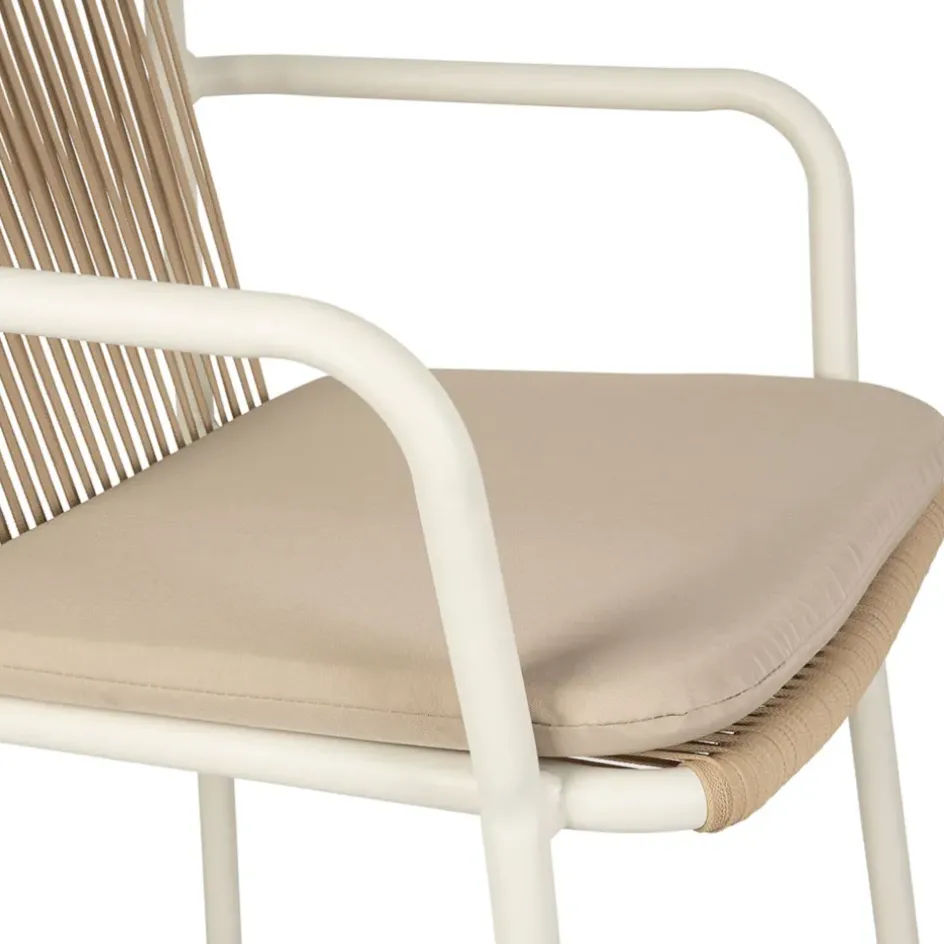 Fabrique de Styles Chaises, Fauteuils|Jardin>Fauteuil d'extérieur avec coussin en tissu beige et blanc - Ajay Beige, Blanc