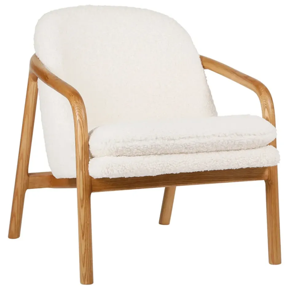 Fabrique de Styles Fauteuils>Fauteuil en tissu bouclette crème et pieds en frêne - Element Naturel, Ivoire