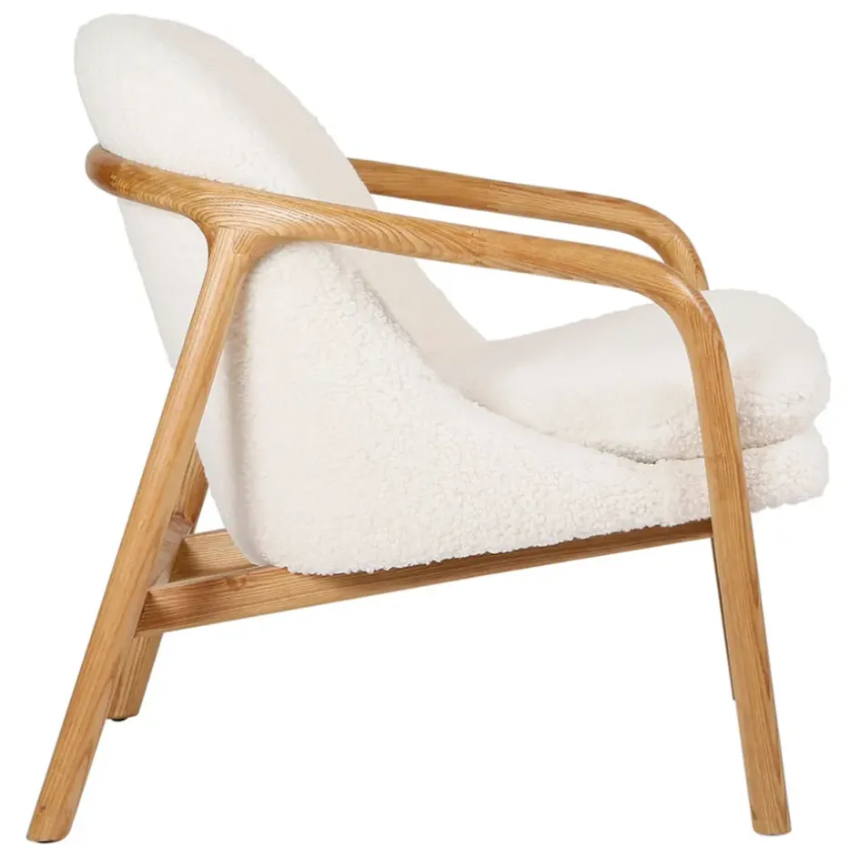 Fabrique de Styles Fauteuils>Fauteuil en tissu bouclette crème et pieds en frêne - Element Naturel, Ivoire