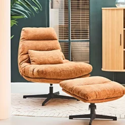 Fabrique de Styles Fauteuils>Fauteuil et repose pied en tissu et fer noir - Lery Brun