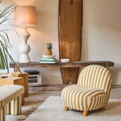 Fabrique de Styles Fauteuils>Fauteuil rayé en coton et bois d'hévéa - Belly Camel