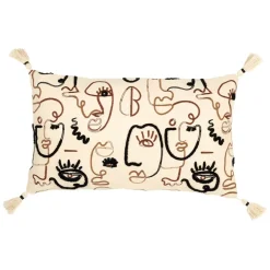 Fabrique de Styles Coussins Et Housses>Housse de coussin rectangulaire visage brodée écru, et noir 50x30cm - terre brulée Brun