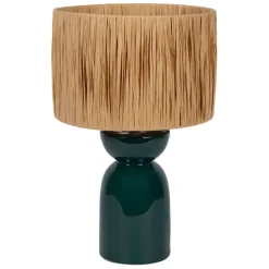 Fabrique de Styles Lampes À Poser>Lampe en raphia naturel et céramique émeraude h38cm - Palma Emeraude