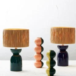Fabrique de Styles Lampes À Poser>Lampe en raphia naturel et céramique émeraude h38cm - Palma Emeraude