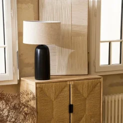 Fabrique de Styles Lampes À Poser>Lampe en terre cuite et lin noir et beige h60cm - Vita Noir, Beige
