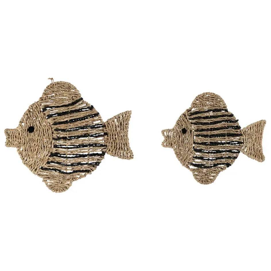 Fabrique de Styles Déco À Suspendre Et Adhésive>Lot de 2 décoration murale poisson en jonc de mer naturel et bleu - Eté A La Mer Naturel, Bleu