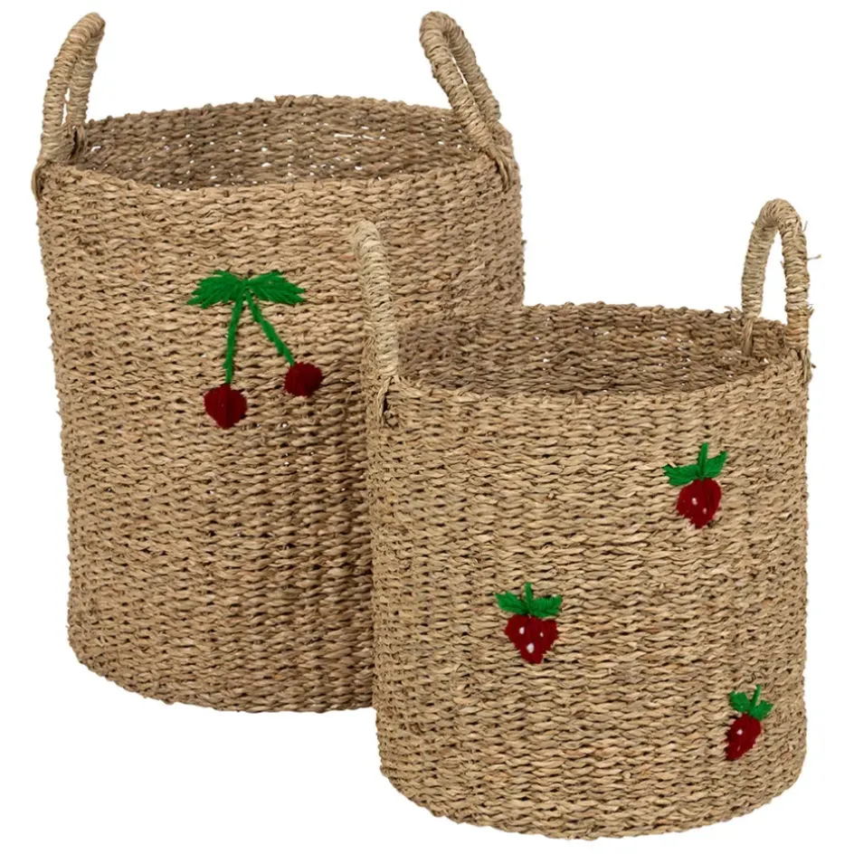 Fabrique de Styles Paniers Et Corbeilles>Lot de 2 paniers en jonc de mer naturel et cerise rouge - Les Fruits Naturel, Rouge