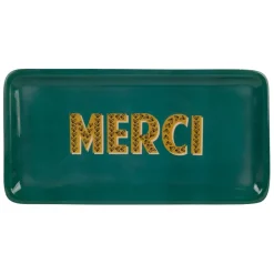 Fabrique de Styles Plateaux>Plateau "merci" en fer émeraude et moutarde 30x15cm - Pop'S Emeraude, Moutarde