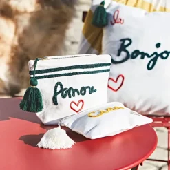 Fabrique de Styles Pochettes Et Housses>Pochette brodée amore 20x15cm en coton et polyester Blanc cassé