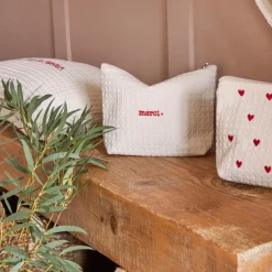 Fabrique de Styles Pochettes Et Housses>Pochette Merci en coton écru - Famille Ecru, Rouge