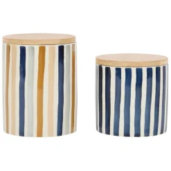 Fabrique de Styles Pots Et Bocaux>Pot x2 avec couvercle en bambou rayé bleu et beige en grès - blue sand Bleu, Beige
