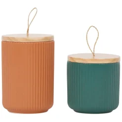 Fabrique de Styles Pots Et Bocaux>Pots x2 avec couvercle en bois et émeraude en grès - sweet leaves Terracotta