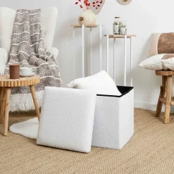 Fabrique de Styles Poufs Et Tabourets>Pouf coffre pliable en tissu bouclette Blanc