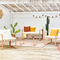 Fabrique de Styles Salons De Jardin|Jardin>Salon de jardin 4 places en fer avec coussins blanc - Cagliari Blanc, Marron