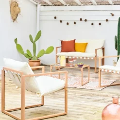 Fabrique de Styles Salons De Jardin|Jardin>Salon de jardin 4 places en fer avec coussins blanc - Cagliari Blanc, Marron