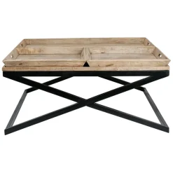 Fabrique de Styles Table Basses>Table basse carrée avec plateaux en manguier et fer noir L120cm - Noe Naturel, Noir