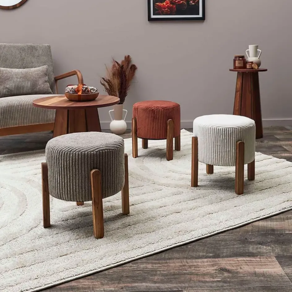 Fabrique de Styles Poufs Et Tabourets>Tabouret en tissu côtelé beige et bois d'acacia - Scarlett Crème