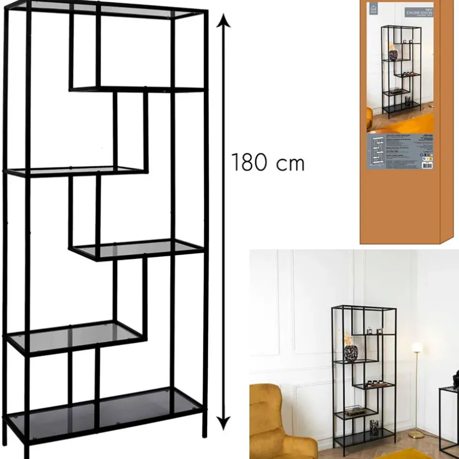Fabrique de Styles Bibliothèques Et Étagères>Étagère en métal verre fumé h180cm - Edgard Noir