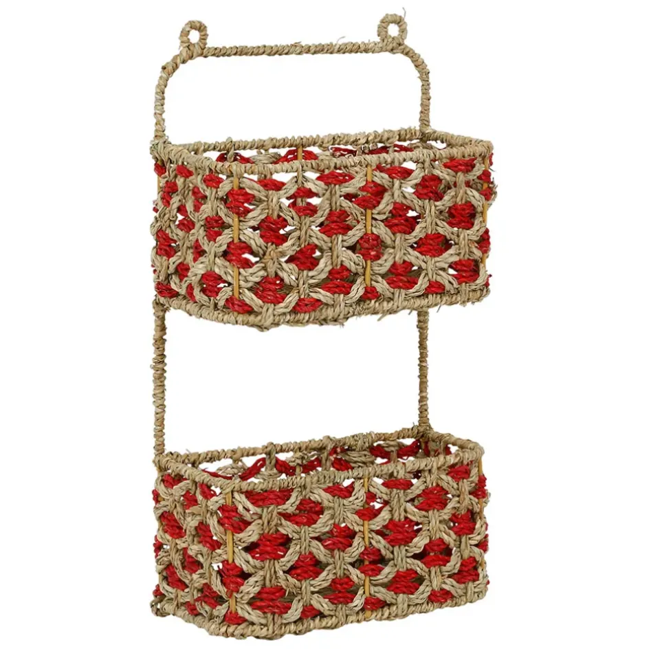 Fabrique de Styles Étagères Murales>Étagère murale 2 paniers en jonc de mer naturel et rouge Naturel, Rouge