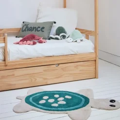 Fabrique de Styles Déco>Tapis tortue en coton tufté écru et 92x65cm Bleu