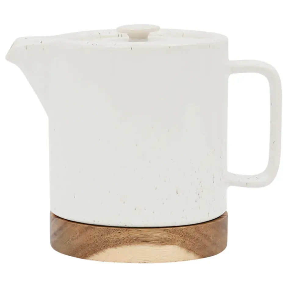 Fabrique de Styles Théières Et Cafetières>Théière avec filtre moucheté 1.15l en grès et dessous en bois - nordika Blanc