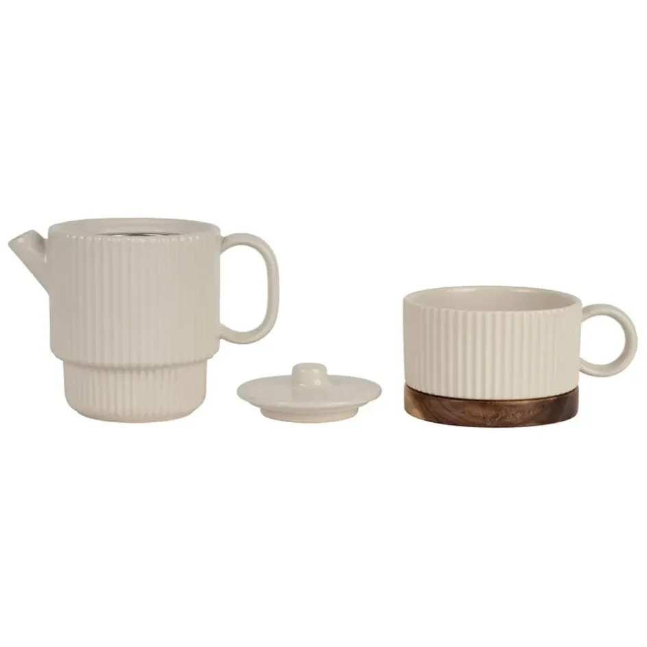 Fabrique de Styles Théières Et Cafetières>Théière solitaire avec tasse et filtre en grès écru 45cl - Sweet Leaves Ecru