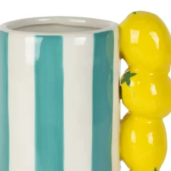 Fabrique de Styles Vases Et Soliflores>Vase citron en dolomite rayé turquoise et jaune h21cm - Medi Turquoise, Jaune
