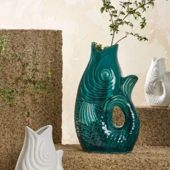 Fabrique de Styles Vases Et Soliflores>Vase poisson en grès h19.5 cm - Mer Blanc